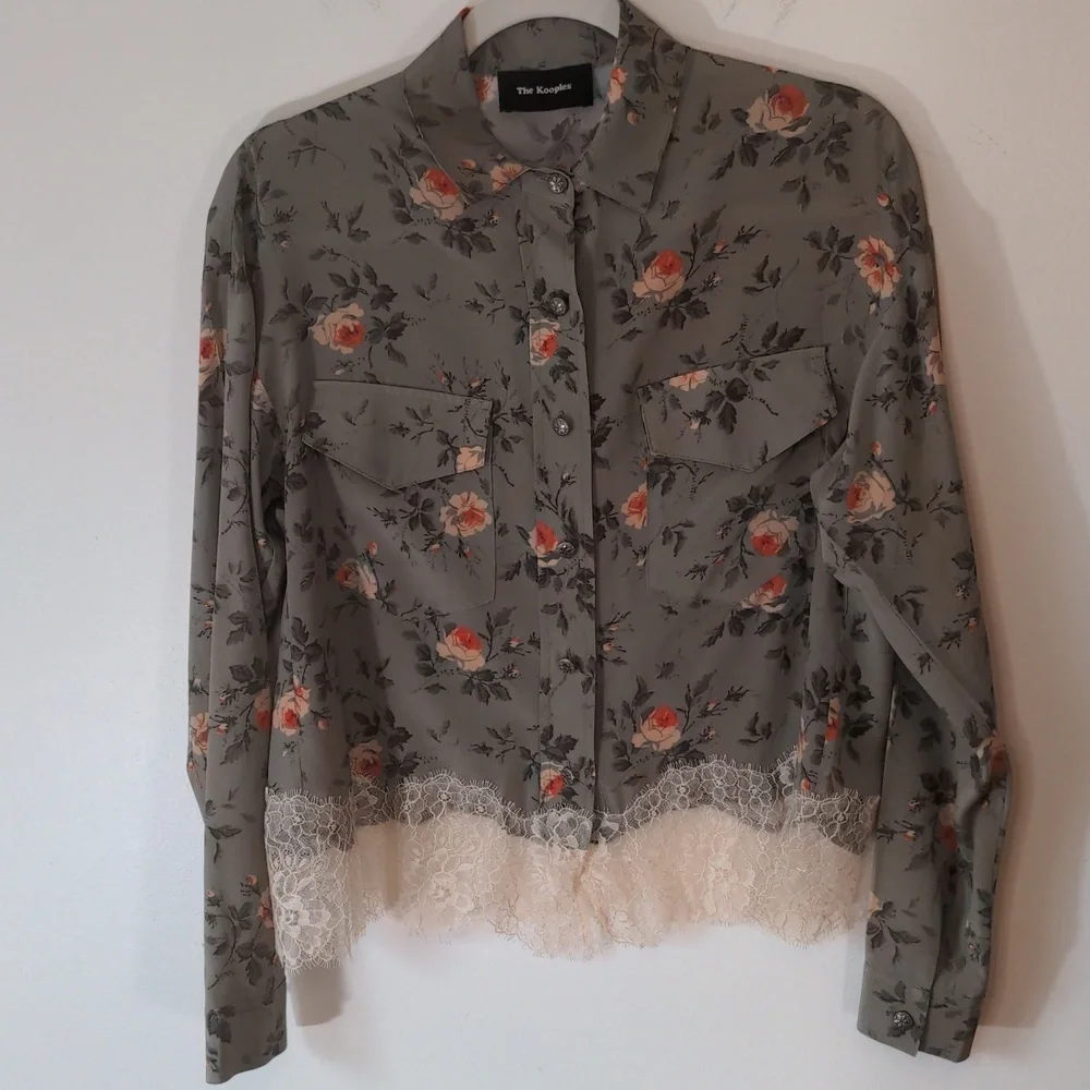 The Kooples Silk Floral Button Down Lace Hem Blouse xs - Picture 2 of 10